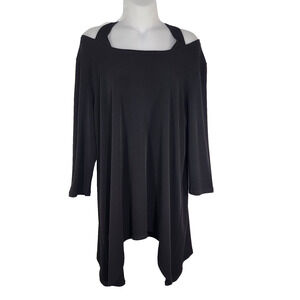 Clara Sun Woo Tunic Top Women Large Black Sharkbite Hem Cold Shoulder 3/4 Sleeve